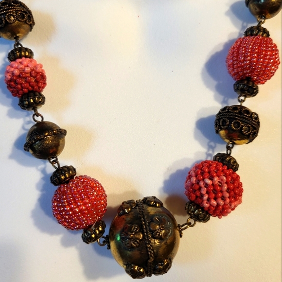 Bali Style Brass Ornamental & Red Seed Beaded Necklace - Picture 2 of 3